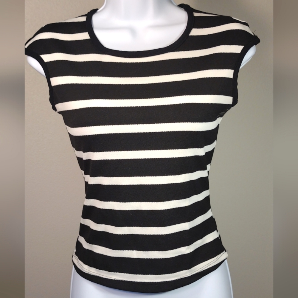 JUNO TOKYO Black Cream Off-White Ecru Stripe Stretch Sleeveless Top XS
